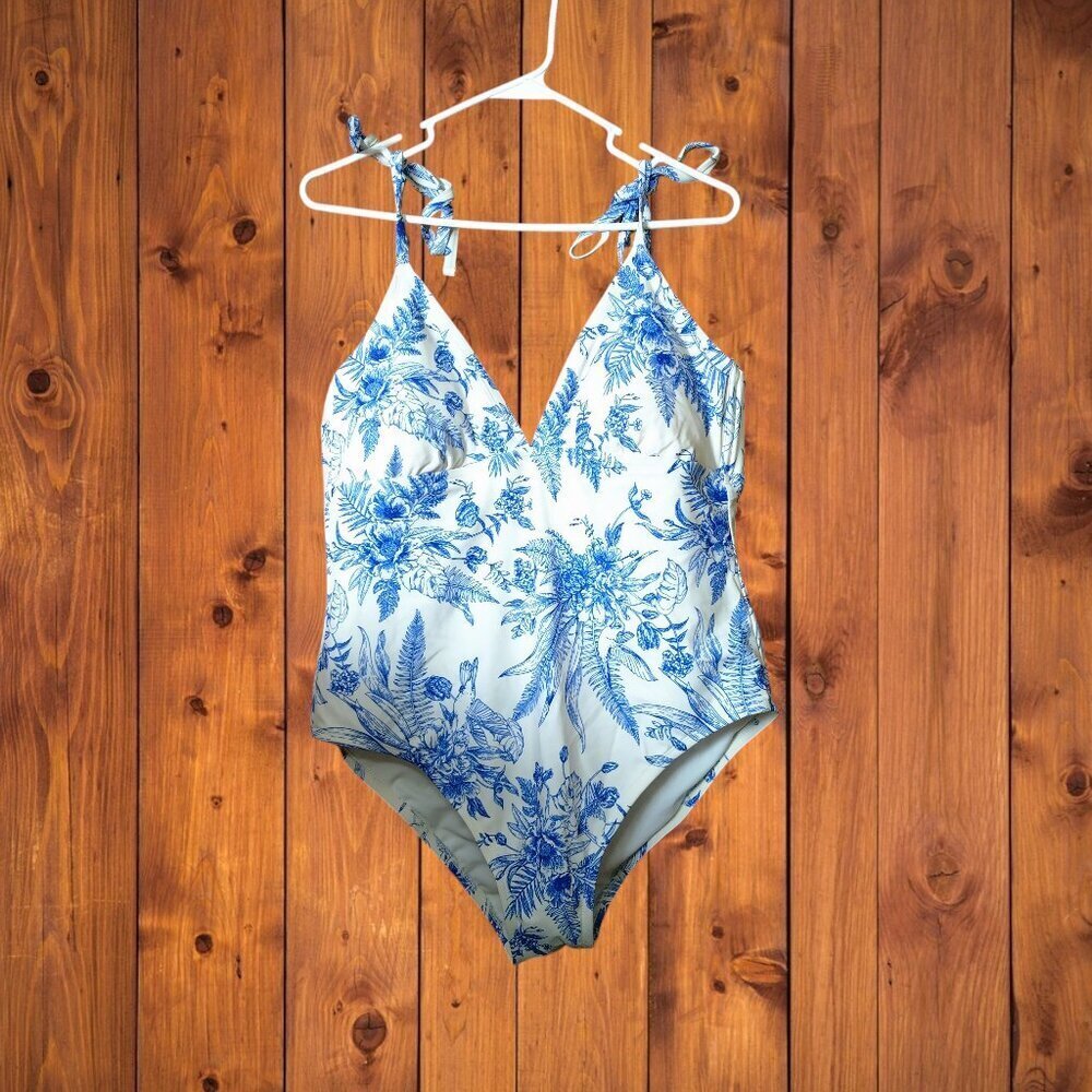 Kona Sol Blue/White Floral One-Piece Swimsuit Tie Straps Beach Size XL NEW